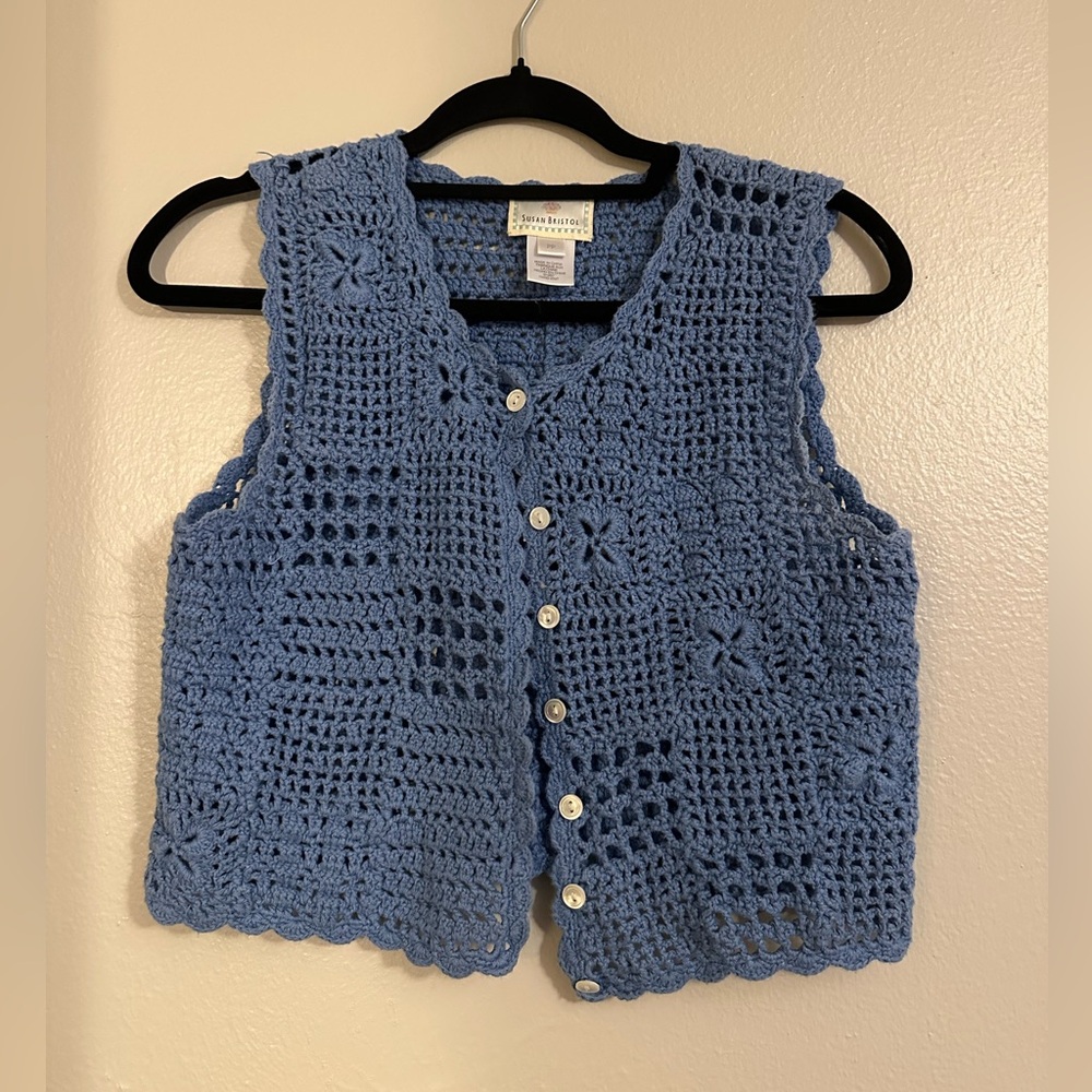 Susan Bristol vintage granny Square Blue knitted fall sweater vest
